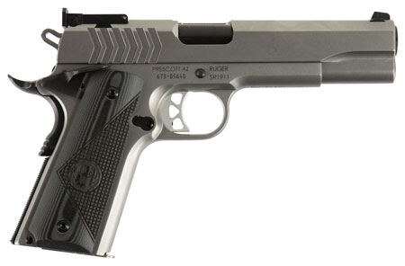 Ruger SR1911 Target 9mm Luger Pistol - 9+1 Rounds, 5" Black Steel Barrel, Low-Glare Stainless Steel Serrated Slide, Low-Glare Stainless Steel Frame with Beavertail, Deluxe Checkered G10 Grips, Right-Handed