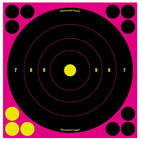 Birchwood Casey Air Rifle Paper Target Black/Pink 8" Bullseye Reactive Self-Adhesive with Pasters 6 Pack