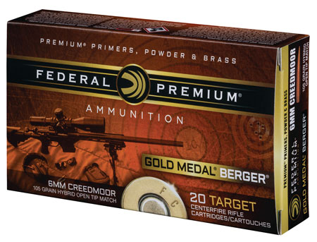 Federal 6mm Creedmoor Premium Gold Medal Match Ammunition 105gr Berger Hybrid Open Tip 20rds/Box 10 Boxes/Case