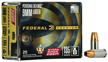 Hornady P9HSD1 9mm Luger 135gr Hydra-Shok Deep Hollow Point Premium Personal Defense Ammunition 20 Rounds