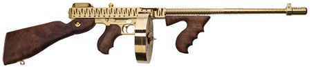 Thompson 1927A-1 Deluxe .45 ACP, 16.5" Barrel, 20+1 Capacity (Stick), 50+1 Capacity (Drum), Gold with Tiger Stripe Metal Finish, American Walnut Stock, Wood Grip, Right Hand