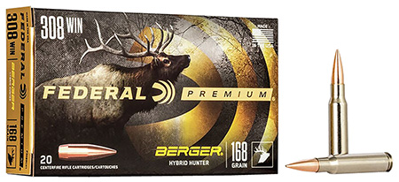 Federal Premium 308 Winchester 168gr Berger Hybrid Hunter Rifle Ammunition 20 Rounds/Box 10 Boxes/Case