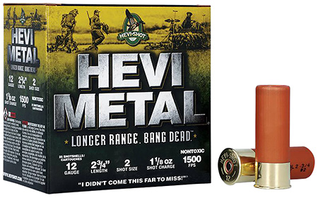 HEVI-Metal Longer Range 12 Gauge 2.75" 1 1/8 oz 2 Shot 25 Rounds per Box / 10 Boxes per Case