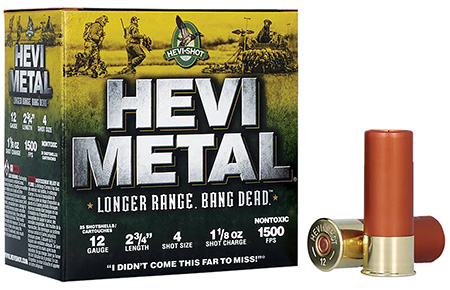HEVI-Metal Longer Range 12 Gauge 2.75" 1 1/8 oz #4 Shot, 25-Box/10-Case