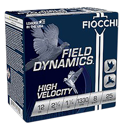 Fiocchi 12 Gauge 2.75" 1-1/4 oz. 8 Shot High Velocity Field Dynamics Shotgun Ammunition 25 Rounds per Box 3 Fiocchi 12 Gauge 2.75" 1-1/4 oz. 8 Shot High Velocity Field Dynamics Shotgun Ammunition 25 Rounds per Box