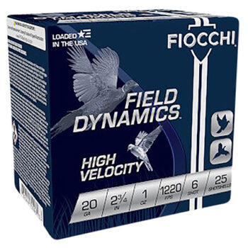 Fiocchi 20 Gauge 2.75" 1oz 6 Shot High Velocity 25 Rounds Field Dynamics Shotgun Ammunition