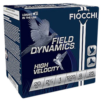 Fiocchi 20 Gauge 2.75" 1 oz #8 Shot Field Dynamics High Velocity 250 Pack Hunting Shotgun Ammo