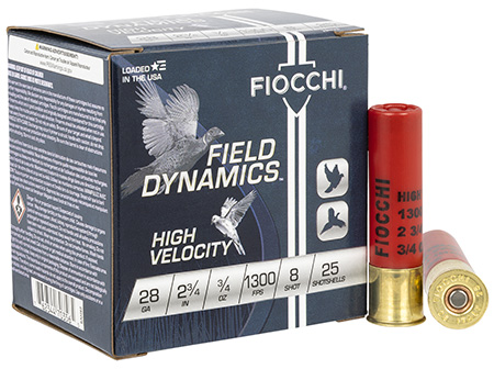 Fiocchi 28 Gauge 2.75" 3/4oz 8 Shot High Velocity Field Dynamics Shotshells 25 Rounds