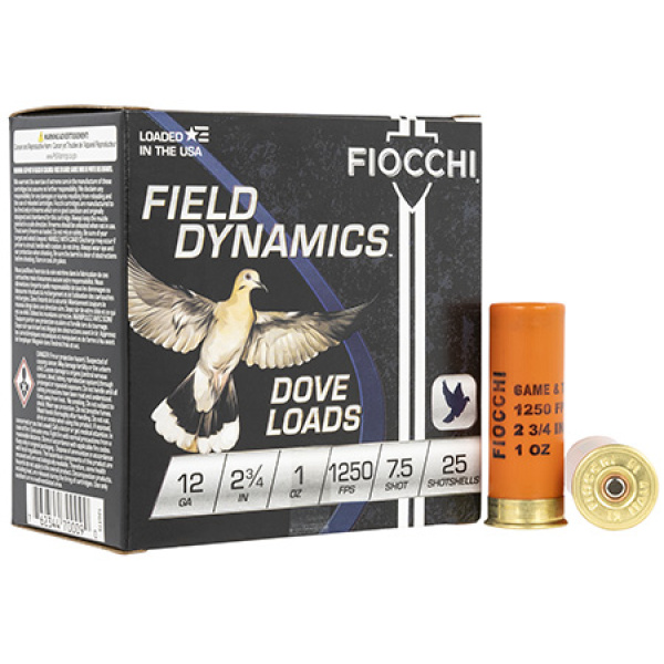 Fiocchi 12 Gauge 2.75" 1oz 7.5 Shot Field Dynamics Dove & Quail Shotgun Ammunition 25 Rounds/Box 10 Boxes/Case