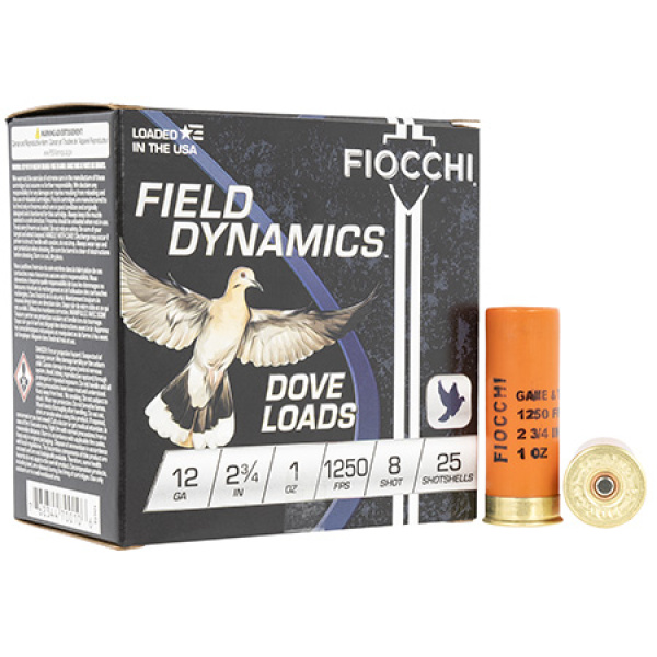 Fiocchi 12 Gauge 2.75" 1oz 8 Shot Field Dynamics Dove & Quail Ammunition 25 Rounds/Box 10 Boxes/Case