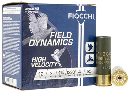 Fiocchi 12 Gauge 3" 1 3/4oz 4 Shot High Velocity Shotgun Ammunition 25 Rounds per Box