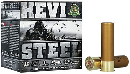 HEVI-Shot HEVI-Steel 12 Gauge 3.5" 1 3/8 oz 3 Shot Shotgun Ammunition 25 Rounds