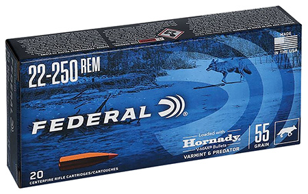 Federal 22-250 Remington Varmint & Predator Ammunition 55gr Hornady V-Max 20 Rounds Per Box