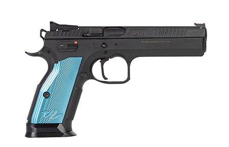 CZ-USA TS 2 9mm Luger, 20+1, 5.28" Blued Steel Barrel, Black Serrated Steel Slide, Black Polycoat Steel Frame with Beavertail, Blue Checkered Aluminum Grip, Ambidextrous