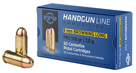 PPU 9mm Browning Long 108gr FMJ Ammo 50 Rounds Box
