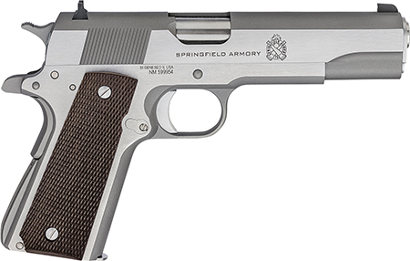 Springfield Armory 1911 Mil-Spec "Defend Your Legacy" .45 ACP, 5" Stainless Steel Match Grade Barrel, 7+1 Capacity, Stainless Serrated Slide, Beavertail Frame, Checkered Wood Grip