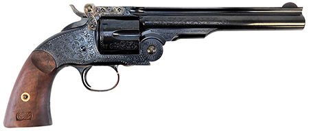 Taylors & Company Top Break Revolver Schofield Model 45 Colt 6-Shot 7-Inch Barrel Blued Engraved Steel Walnut Grips