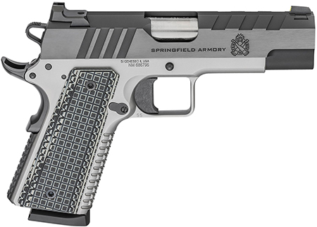 Springfield Armory 1911 Emissary .45 ACP, 4.25" Bull Barrel, 8+1 Capacity, Stainless Steel Frame with Beavertail, Tri-Top Cut Blued Carbon Steel Slide, Black VZ Thin-Line G10 Grip