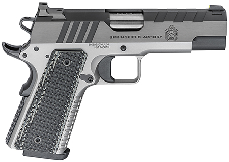Springfield Armory 1911 Emissary 9mm Luger, 4.25" Bull Barrel, 9+1 Capacity, Stainless Steel Frame with Beavertail, Serrated Blued Carbon Steel Slide, Black VZ Thin-Line G10 Grip