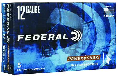 Federal Power-Shok Max Buck 12 Gauge 2.75" Buckshot Shotgun Ammunition 1 Buck Per Shell 5 Rounds Per Box 50 Rounds Case
