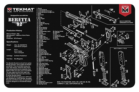 Beretta 92 Handgun Cleaning Mat with Parts Diagram 11x17 inch TekMat