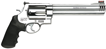 Smith & Wesson Model 500 .500 S&W Mag 8.38" Threaded Barrel, 5-Round Revolver, Satin Stainless Steel, Finger Grooved Black Polymer Grip, HiViz Front Sight