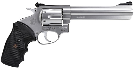 Rossi RM66 .357 Mag, 6-Round, 6" Satin Stainless Steel Barrel, Cylinder & Frame, Black Checkered Rubber Grip