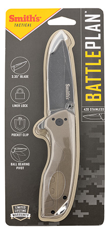 Smiths Products 50995 BattlePlan  3.35" Folding Drop Point Plain Black Stonewashed 400 SS Blade/ Desert Tan G10 Handle Includes Pocket Clip