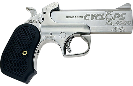Bond Arms Cyclops .45-70 Gov Big Bore Derringer, 4.25" Engraved Stainless Steel Barrel, 1-Round Capacity, Matte Stainless Steel Frame, Black Extended B6 Resin Grip, Includes Holster