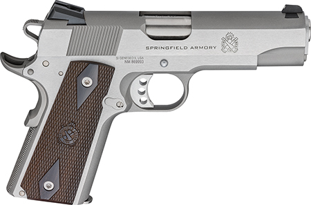 Springfield Armory 1911 Garrison 9mm Luger Pistol - 9+1 Rounds, 4.25" Stainless Match Grade Barrel, Serrated Stainless Steel Slide and Frame with Beavertail, Thinline Wood Grip