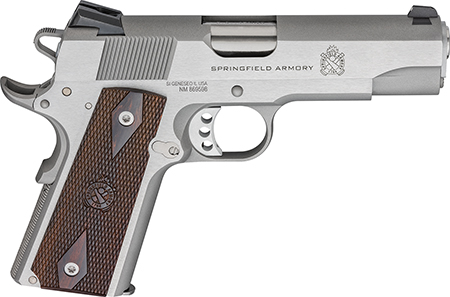 Springfield Armory 1911 Garrison .45 ACP Pistol - 7+1 Rounds, 4.25" Stainless Match Grade Barrel, Serrated Stainless Steel Slide and Frame with Beavertail, Thinline Wood Grip