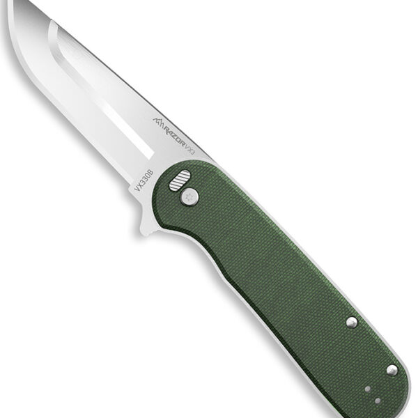 Outdoor Edge VX330B Razor VX3 EDC 3" Folding Drop Point Plain Satin 420J2 SS Blade, Green Micarta Handle