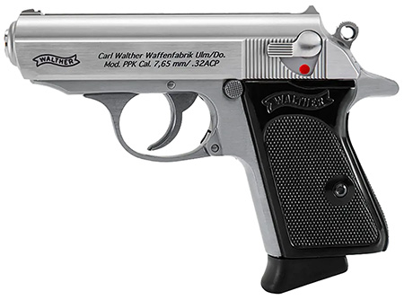 Walther PPK/S .32 ACP Pistol - 7+1 Rounds, 3.30" Stainless Steel Barrel, Matte Stainless Serrated Slide and Frame with Beavertail, Black Checkered Polymer Grip, Right Hand