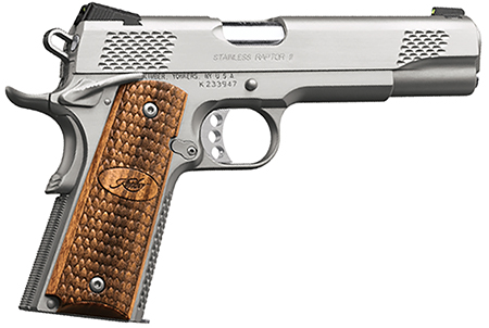 Kimber Stainless Raptor II .45 ACP Pistol, 5" Barrel, 8+1 Capacity, Stainless Steel Slide with Satin Silver Finish and Polished Flats, Zebrawood Grips with Scale Pattern and Kimber Logo