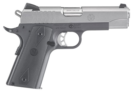 Ruger SR1911 Commander-Style 9mm Luger Pistol - 9+1 Rounds, 4.25" Stainless Steel Barrel, Low-Glare Serrated Stainless Steel Slide, Tungsten Gray Cerakote Aluminum Frame with Beavertail, Black Rubber Grip