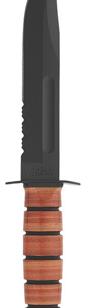 Ka-Bar 1218 USMC Fight/Utility 7" Fixed Clip Point Part Serrated Black 1095 Cro-Van Blade. Brown Leather Handle. Includes Sheath