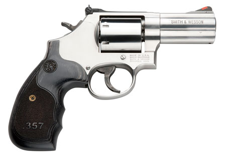 Smith & Wesson Model 686 Plus .357 Mag 3" 7-Round Revolver, Satin Stainless Steel Barrel, Cylinder & Frame, Black/Silver Custom Wood Grip