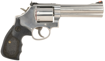 Smith & Wesson Model 686 Plus .38 S&W Special +P/.357 Mag 5" 7-Round Stainless Steel Revolver, Satin Stainless Steel Frame, Black & Silver Custom Wood Grip, Red Ramp Front Sight