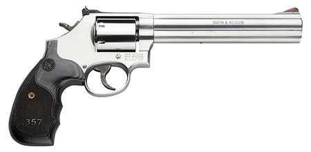 Smith & Wesson Model 686 Plus .38 S&W Special +P/.357 Mag 7" 7-Round Stainless Steel Revolver, Satin Stainless Steel Frame, Black & Silver Custom Wood Grip, Red Ramp Front Sight