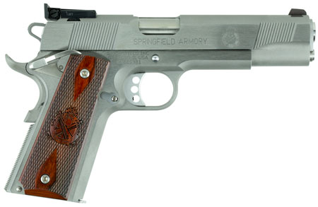 Springfield Armory 1911 Loaded Target .45 ACP Pistol - 7+1 Rounds, 5" Match Grade Stainless Barrel, Serrated Slide, Stainless Steel Frame with Beavertail, Crossed Cannon Cocobolo Grips, California Compliant