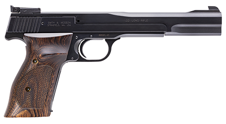 Smith & Wesson Model 41 .22 LR, 7" Blued Button-Rifled Steel Barrel, 10+1 Capacity, Serrated Slide & Frame, Checkered Wood Target Grip 3 Smith & Wesson Model 41 .22 LR, 7" Blued Button-Rifled Steel Barrel, 10+1 Capacity, Serrated Slide & Frame, Checkered Wood Target Grip
