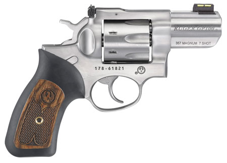 Ruger GP100 Small Frame .357 Mag 2.5" 7-Shot Revolver, Satin Stainless Steel Barrel, Satin Stainless Cylinder, Satin Stainless Steel Frame, Black Rubber Grip with Wood Insert, Exposed Hammer