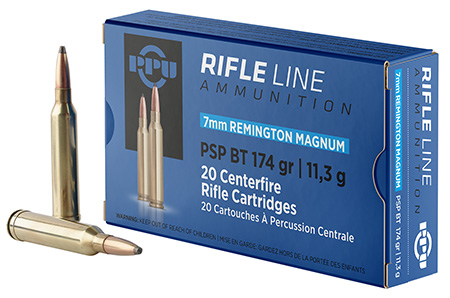 PPU 7mm Remington Mag 174gr Pointed Soft Point Boat Tail Rifle Ammunition 20 Rounds Per Box