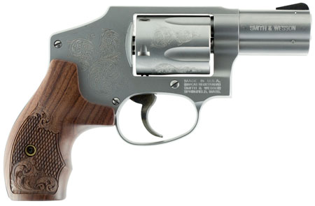 Smith & Wesson Model 640 CA Compliant .357 Mag 2.13" Stainless Engraved Barrel, 5-Round Stainless Engraved Cylinder, Matte Silver Stainless Steel Engraved J-Frame, Wood Engraved Grip