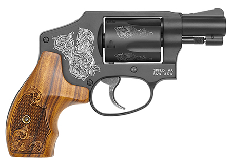Smith & Wesson Model 442 .38 S&W Special +P 1.88" 5-Shot Revolver, Engraved Black Carbon Steel Barrel and Cylinder, Engraved Black Aluminum J-Frame, Engraved Wood Grip, Mahogany Presentation Case