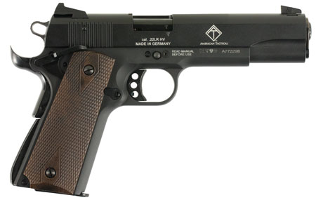 GSG 1911 22LR Semi-Automatic Pistol 10+1 5" Threaded Barrel Black Anodized Serrated Slide Zinc Alloy Beavertail Frame Double Diamond Walnut Grips
