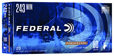 Federal 243 Winchester 80gr Jacketed Soft Point Rifle Ammunition Power-Shok