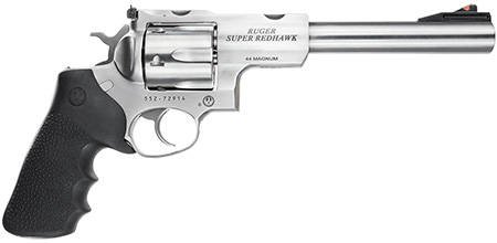 Ruger Super Redhawk .44 Rem Mag/.44 Special 7.5" 6-Round Revolver, Satin Stainless Steel with Integral Mount Barrel, Satin Stainless Cylinder & Frame, Black Hogue Tamer Monogrip, Transfer Bar Safety