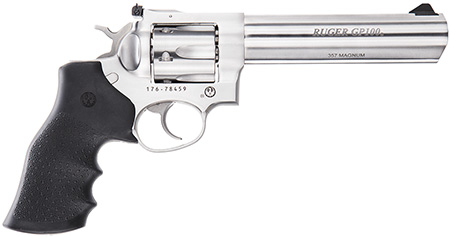 Ruger GP100 Medium Frame .357 Mag 6" 6-Round Revolver, Satin Stainless Steel Barrel, Cylinder & Frame, Hogue Monogrip, Transfer Bar Safety, Exposed Hammer