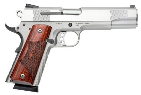 Smith & Wesson 1911 E-Series .45 ACP, 5" Stainless Steel Barrel, 8+1 Capacity, Satin Stainless Slide & Frame with Beavertail, Laminate Wood Grip